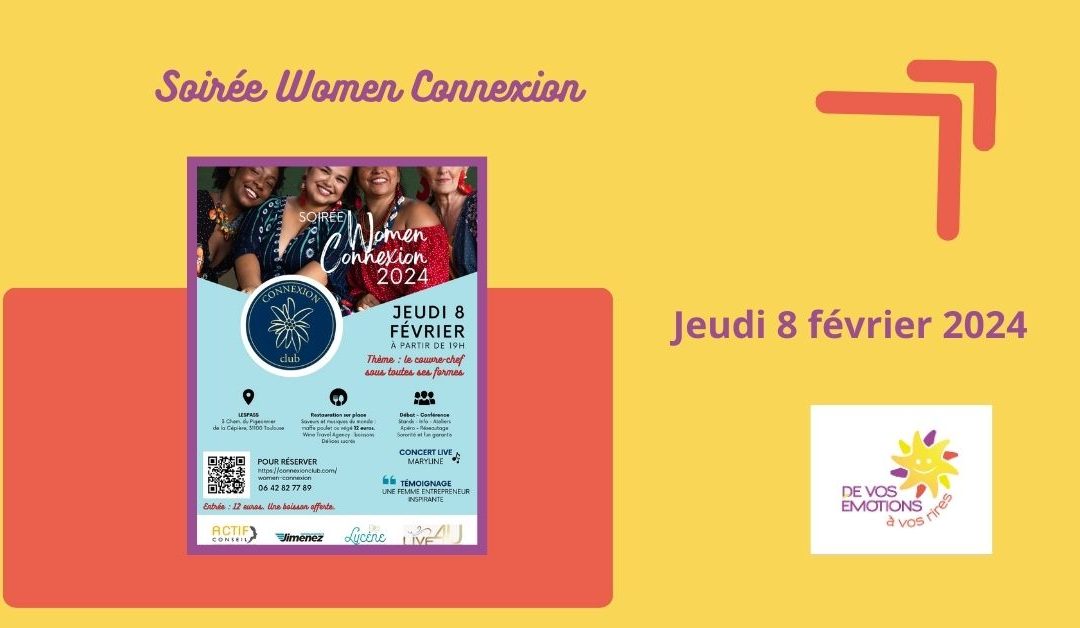 Sur fond jaune, affiche soirée Wome Connexion et logo de vos emotions à vos rires