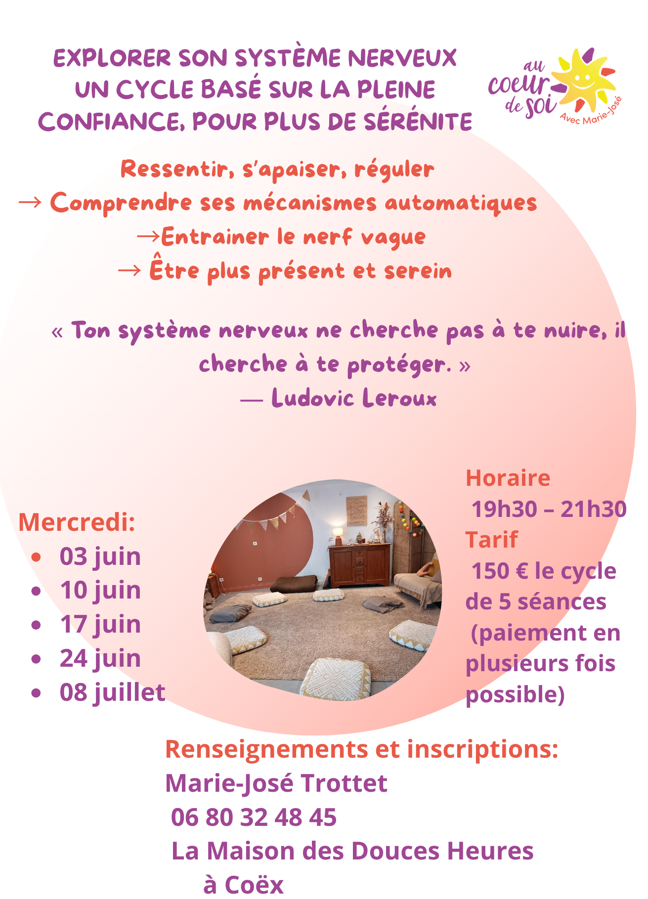 affiche avec l'image d'une salle plus descriptif écrit en mauve