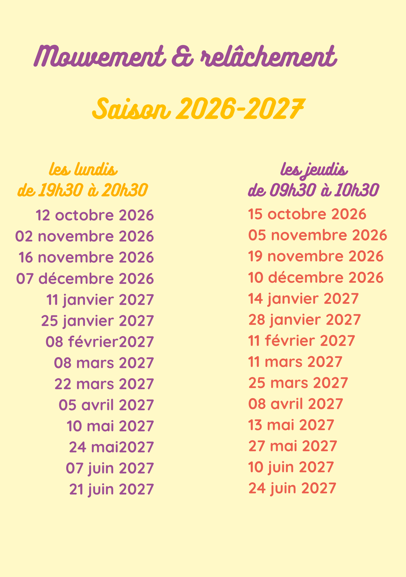 sur fond jaune une liste de dates cérites en mauve et ne rouge