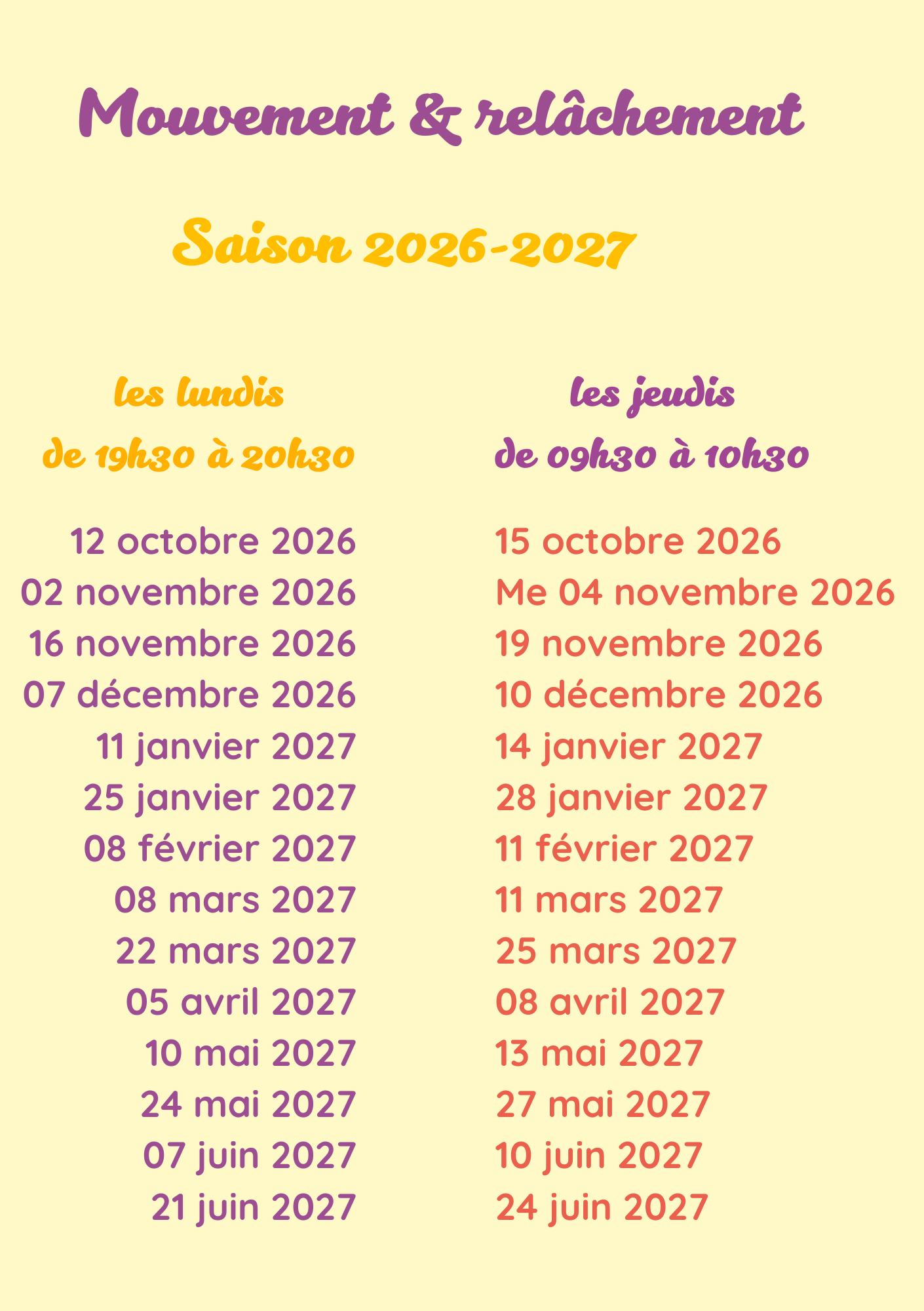sur fond jaune une liste de dates cérites en mauve et ne rouge