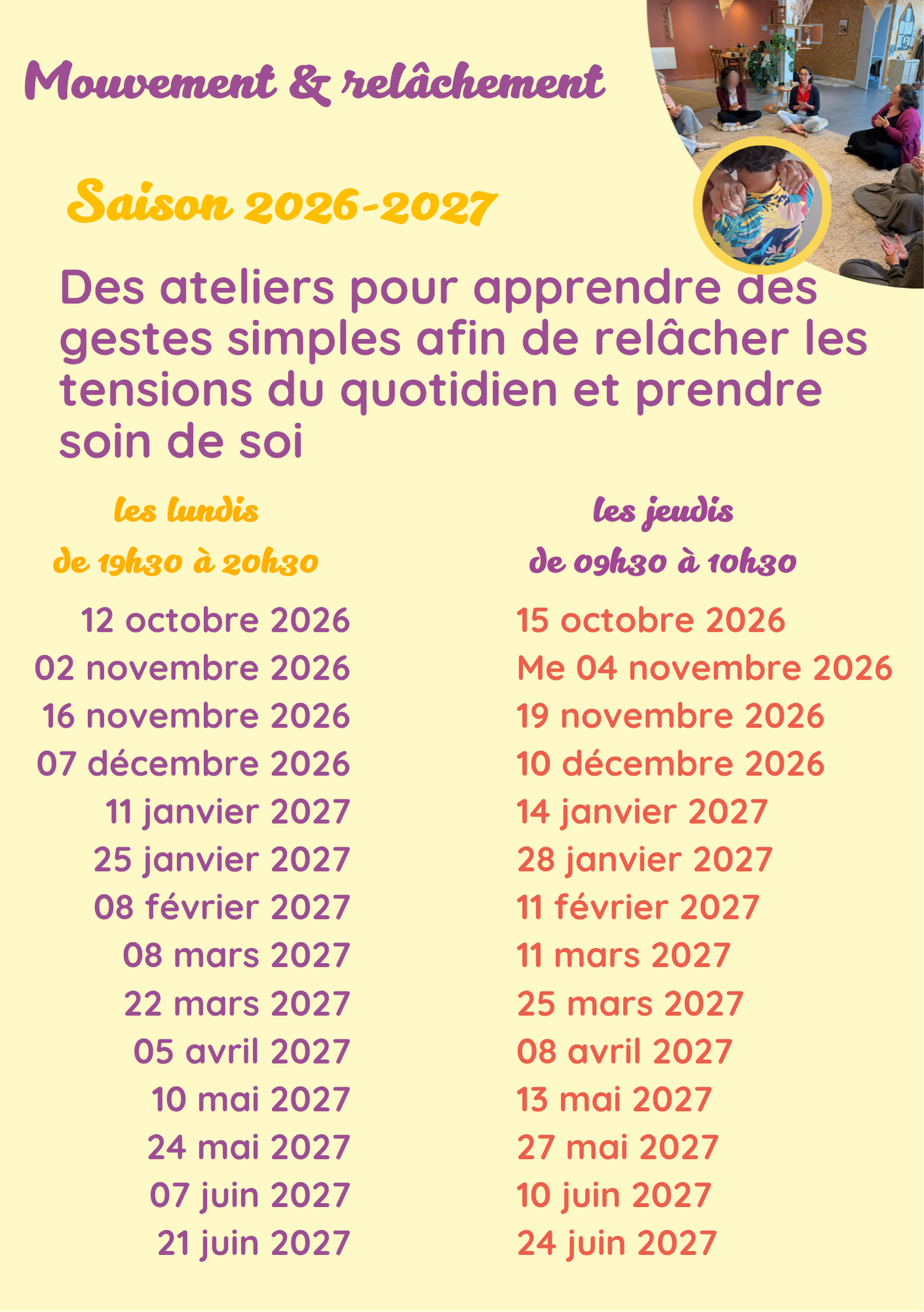 Mouvement & relâchement dates poru le site sous fond jaune écrit en mauve jaune et rouge des dates et des photos en haut à droite